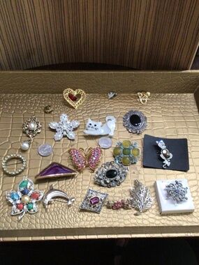Lot of 21 Brooches and stick pins. All in great shape  one signed